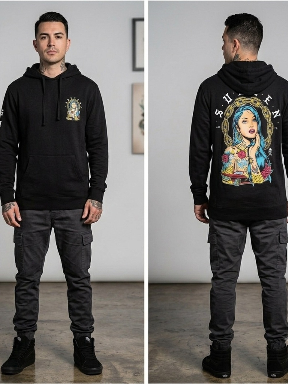 Sullen Art Collective black graphic tatted lady El Camino pullover hoodie large
